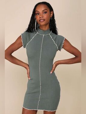 Lulus Sage Green Ribbed Mock Neck Exposed Seam Mini Dress Size Small